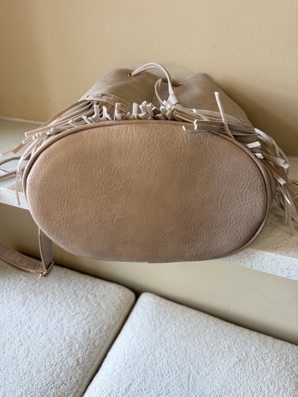 Fringe Drawstring Bucket Bag in Light Beige - Picture 4 of 5